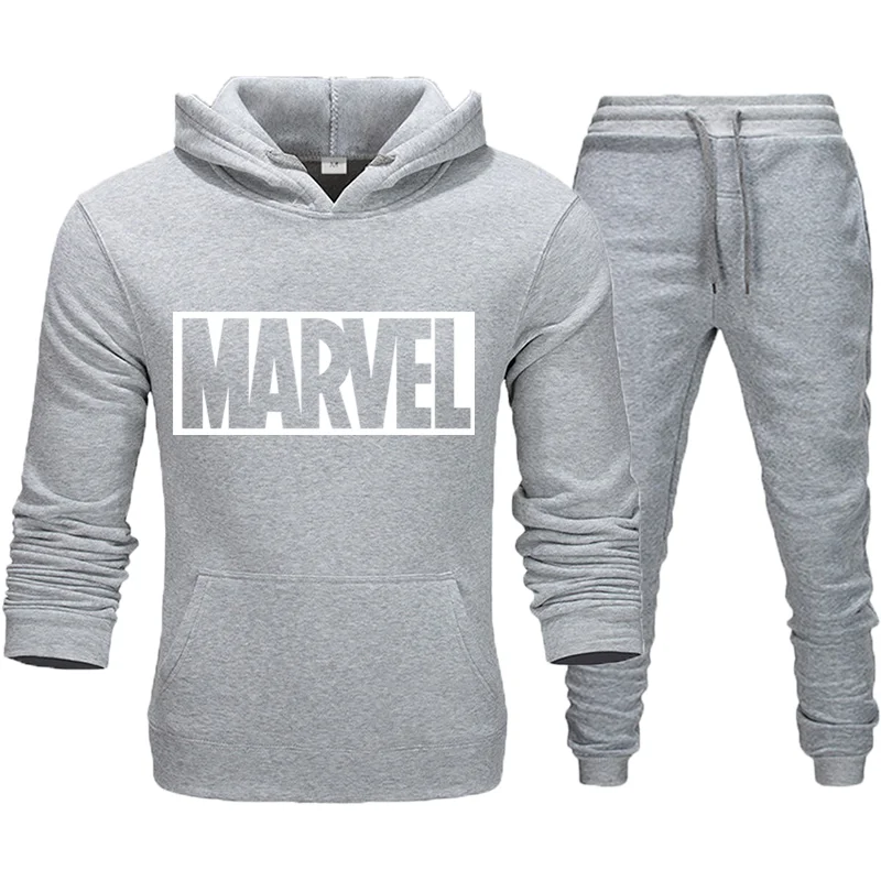 Простой модный мужской костюм с принтом Marvel, спортивный костюм, мужская спортивная одежда, флисовый плотный спортивный костюм с капюшоном и штанами, Азиатский размер - Цвет: gray