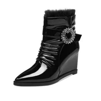 

Female Genuine Cow Leather Woman Pointed Toe Boots Shoes Handmade Ankle Black Ankle Boots Natural Fur Wedges Heels Riding 2019