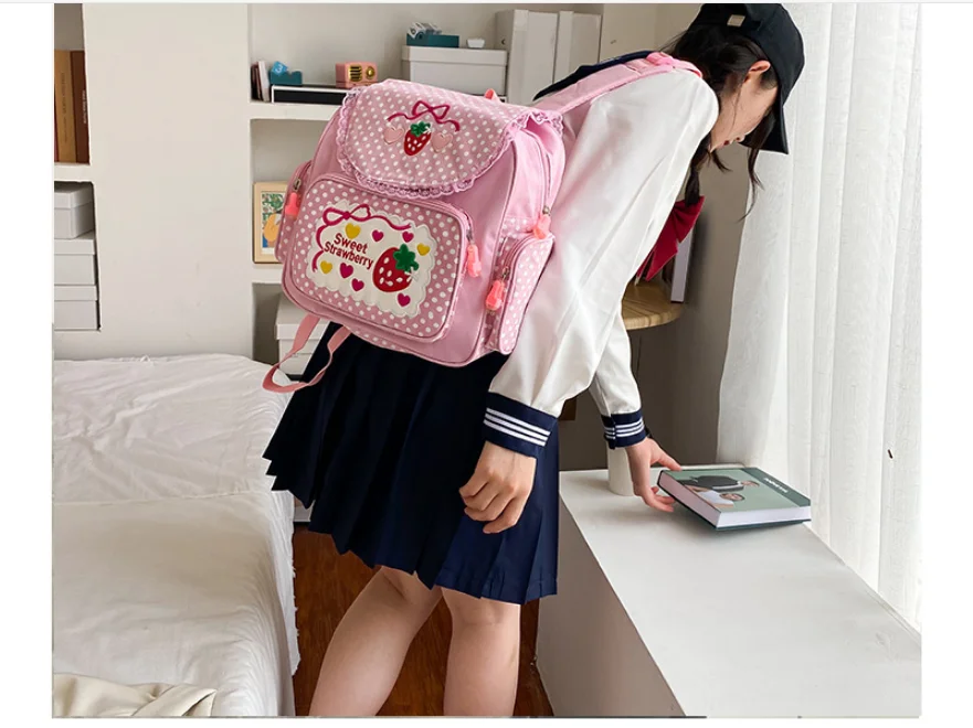 2021 New Arrival! Cute embroidery fruit strawberry lace backpack
