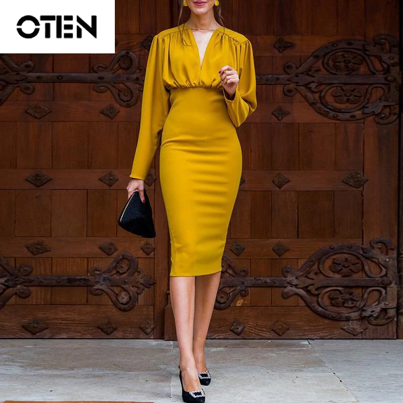

OTEN 2019 New Arrival Evening Party Women Dress Autumn Midi Sheath Bag Hip Sexy V-Neck Ladies Office Work Patchwork Elegant Robe