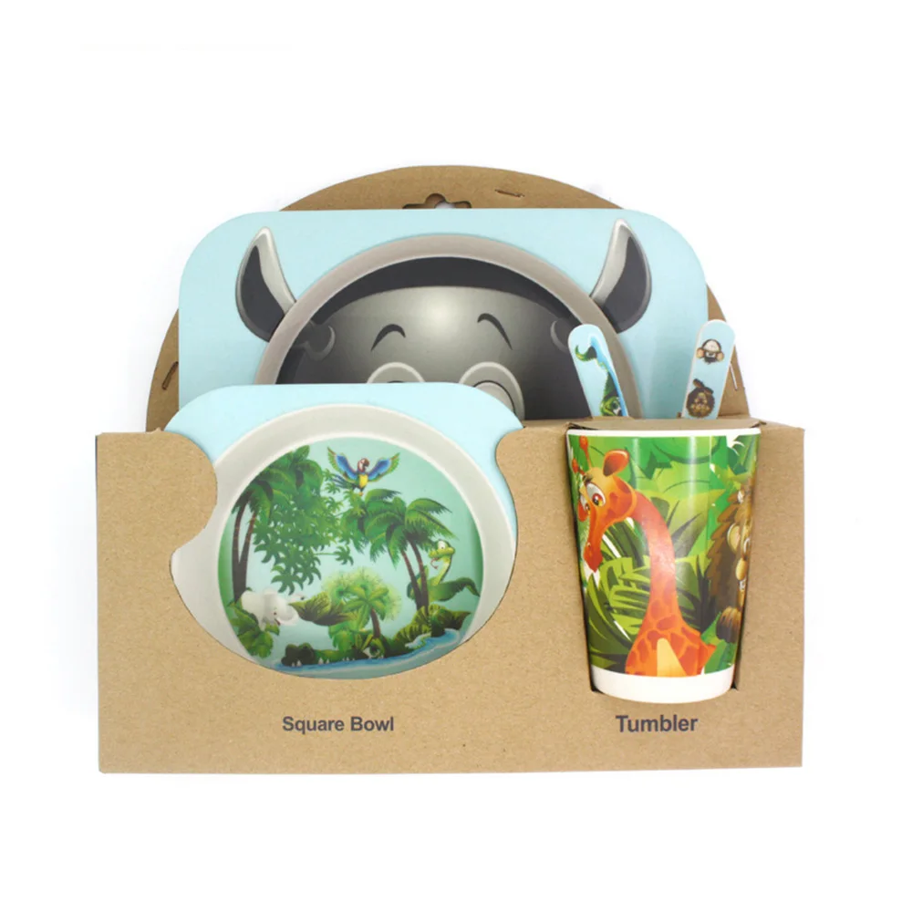 5Pcs/Set Bamboo Tableware Baby Dishes Children Cartoon Feeding Dishes Kids Natural Bamboo Fiber Dinnerware With Bowl Fork Cup - Цвет: PJ4036A11