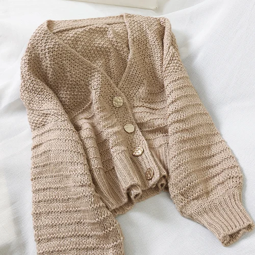 Khaki Океанlove милые однотонные короткие свитера женские с v-образным вырезом повседневные женские модные кардиганы осень свободные трикотажные Chaqueta Mujer 12845 - Цвет: Khaki