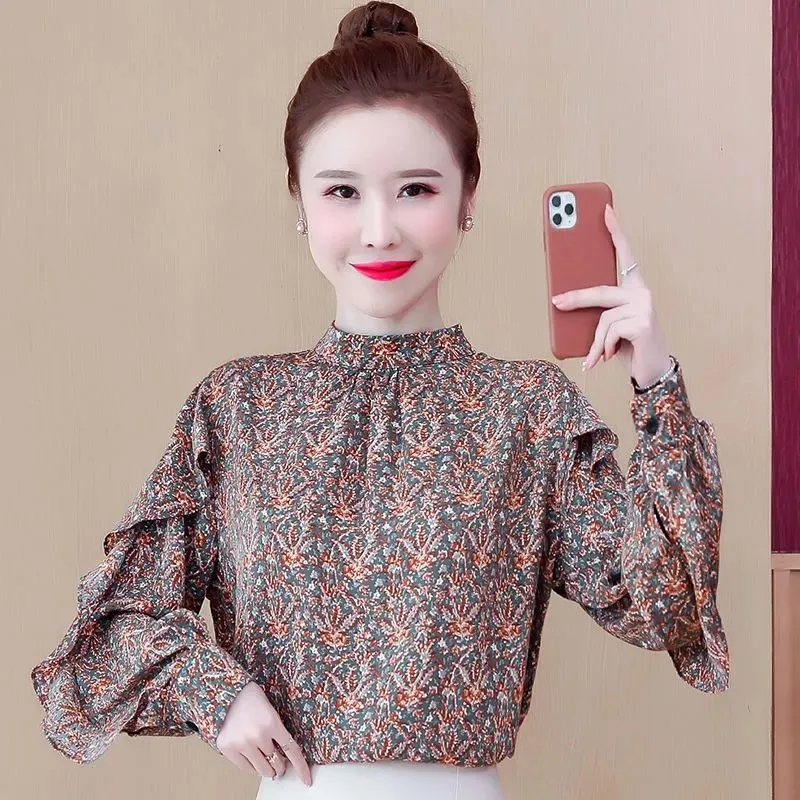 

Women Print Floral Blouse Sweet 2021 Spring New Turtleneck Long Sleeve Ruffle Mori Girl Casual Chiffon Shirts Female Lu2020