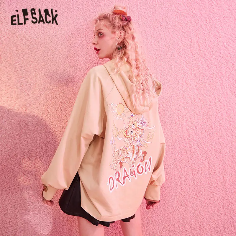 ELFSACK черная однотонная китайская толстовка с капюшоном и принтом единорога для женщин зима Абрикосовый бархат на шнурке повседневные женские базовые Топы