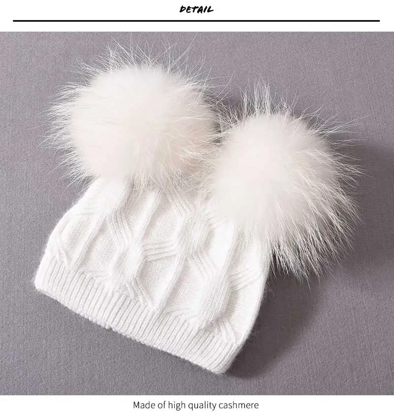 Winter Baby Nette Beanie Hüte Dicke Warme Doppel Schicht Flauschigen Fell Pom Pom Hohe Qualität Kaschmir Gestrickte Mützen Hüte Kinder kinder – Detail 6
