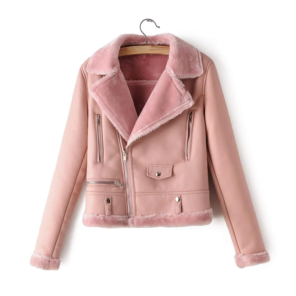 PINK Женские зимние куртки из искусственной кожи, модные женские куртки на молнии с искусственным мехом, Женская Повседневная теплая короткая верхняя одежда - Цвет: PINK