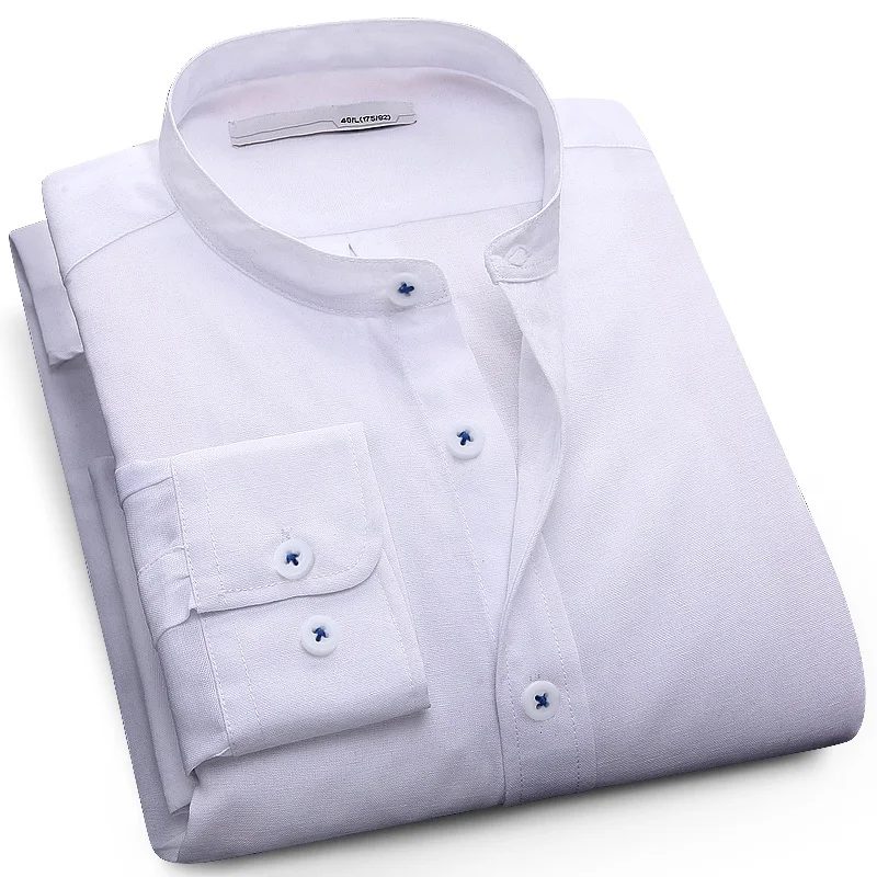 LANGMENG Мужская Повседневная рубашка больших размеров 5XL мужские деловые рубашки с длинными рукавами брендовая Однотонная рубашка белый синий воротник стойка - Цвет: L7C0702