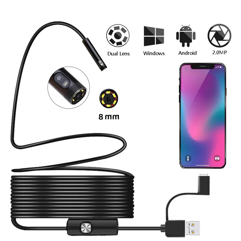 3in1 8 mm HD Caméra Endoscope ip68 étanche Inspection Android PC 2/5/ 