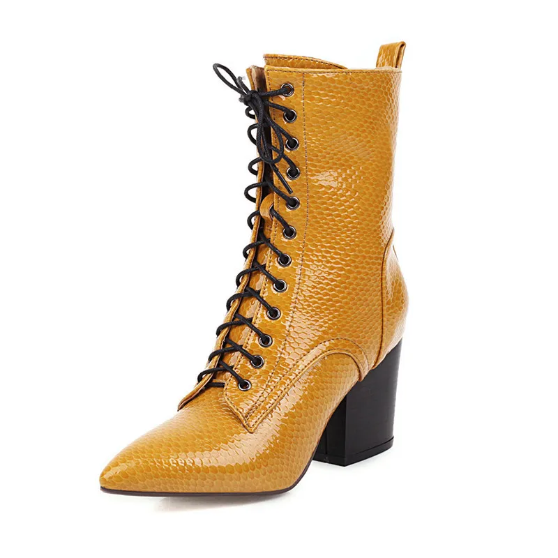 MORAZORA/ г. Большой размер 34-43, зимние женские ботинки модные ботинки на высоком каблуке со шнуровкой Женские однотонные ботильоны на толстом каблуке - Цвет: Цвет: желтый