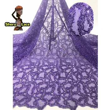 

African fabrics embroidery purple color french lace with sequins glitter tulle lace fabric for party dress