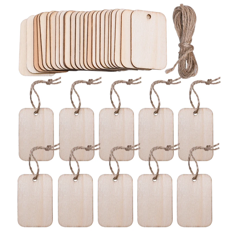 

25/50/100pcs Unfinished Wood Slice Round Corner Rectangle Wooden Label Gift Tags Hanging Label With Rope Wedding Party DIY Craft