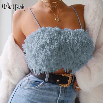 

Waatfaak Fluffy Furry Blue Sexy Cami Tops Slash Neck Spaghetti Straps Tank Top Women Summer Crop Feminino Club Party Crop Tops