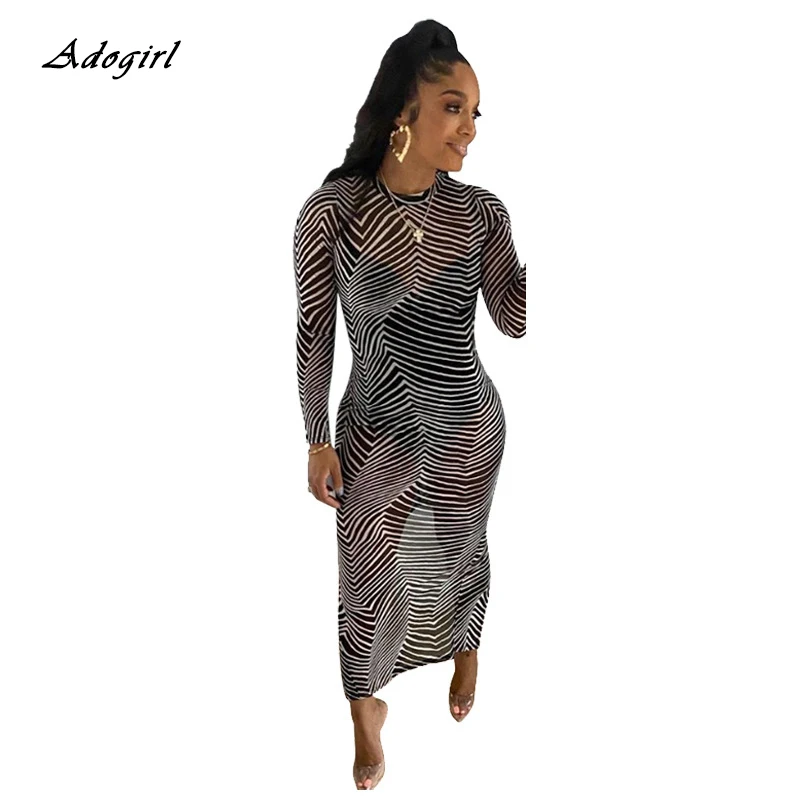 

Sexy Striped Print Sheer Mesh Summer Dress 2020 Women Elegant Black O Neck Bodycon See Threough Long Clubwear Dress Vestidos