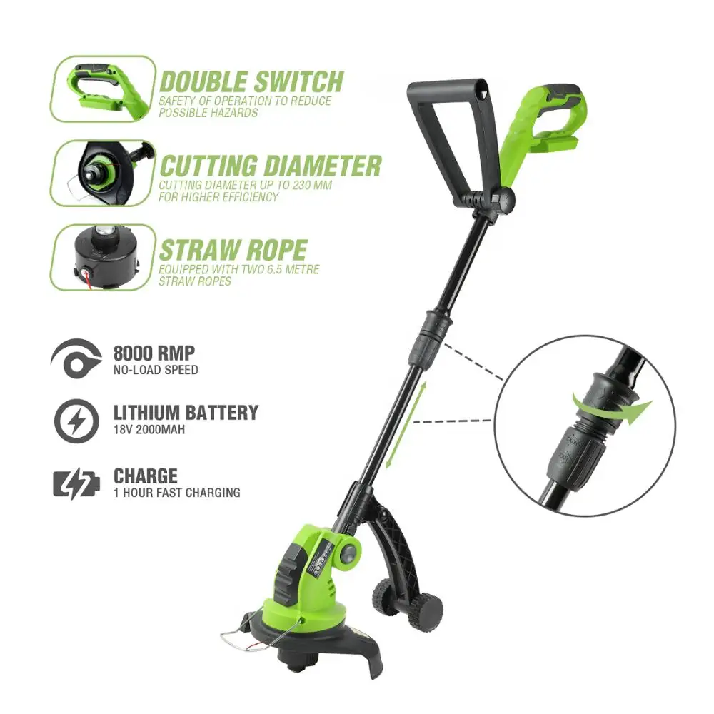 Recortadora de césped sin cables WORKPRO, recortadora eléctrica de 18V y 2000 mAh, herramientas eléctricas para jardín, batería y cargador incluidos de 23cm de diámetro de corte