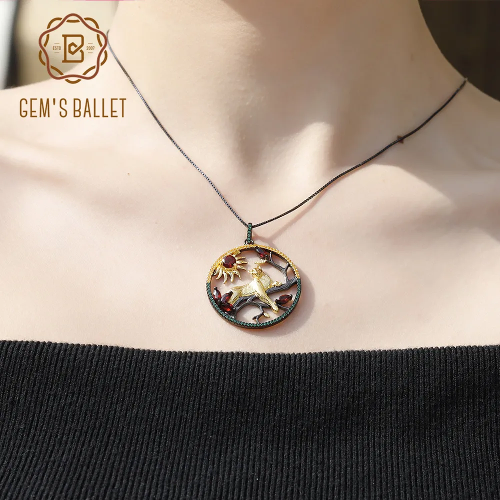 GEM'S балетные 925 пробы, серебро, драгоценный камень 1.64Ct, натуральный красный гранат, Леопард на дереве, ожерелье с подвеской, хорошее ювелирное изделие для женщин