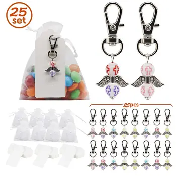 

25pcs/set Angel Wings Keychain Keyring Kraft Tags Organza Bags Guest Return Gifts Baby Shower Wedding Party Favor