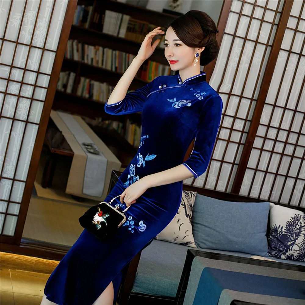 Shanghai Story/Новое поступление 3/4, длинное платье Qipao с рукавами бархатное китайское платье с разрезами по бокам и воротником-стойкой, с цветочной вышивкой, китайское женское платье 3 цвета