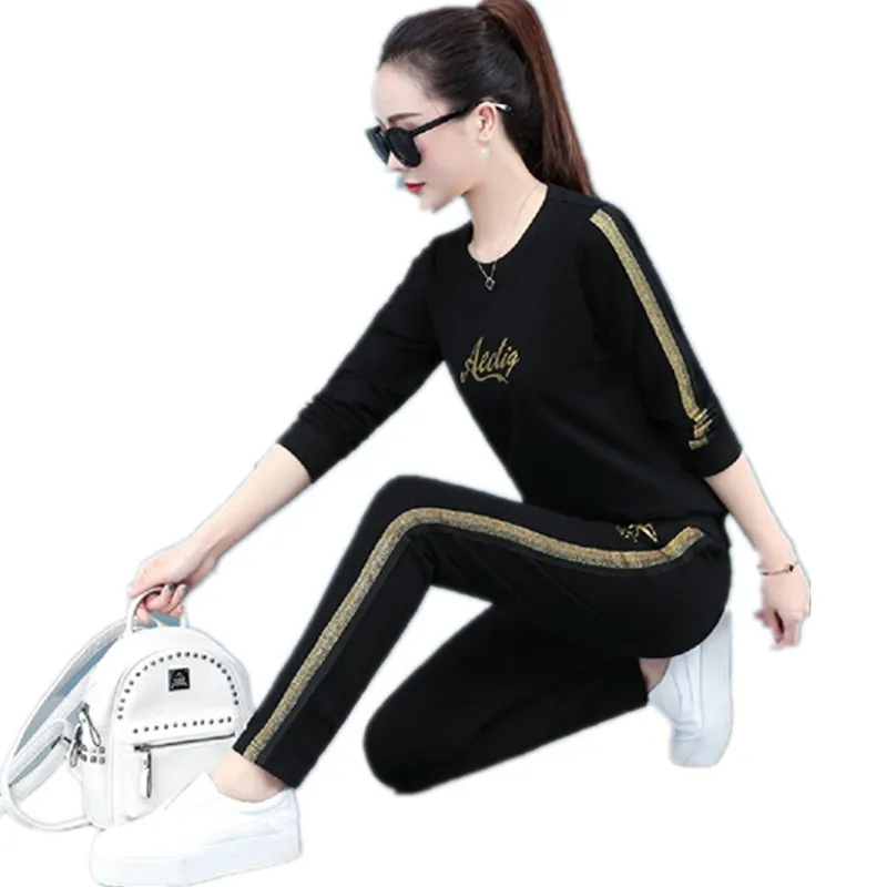 

European fashion for Lady Spring Sporting suit female Leisure Youth clothing for women Knitted pullover 2 piece set cotton 1619