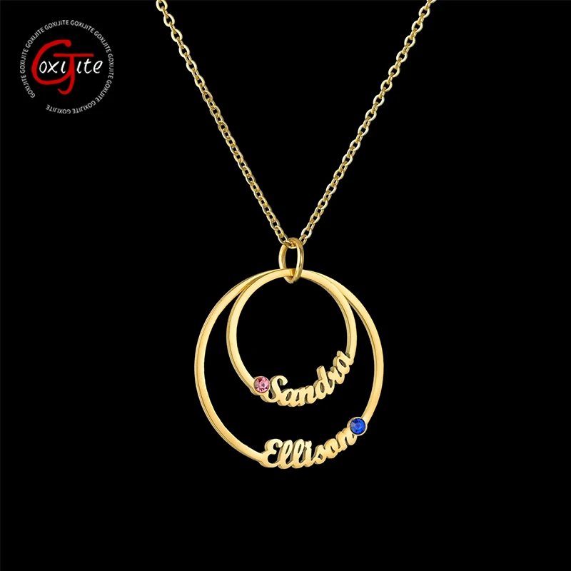 

Goxijite Custom Stainless Steel Double Names Birth Stone Women Necklace Personalized 2 Circle Nameplates Necklaces Lover Gift