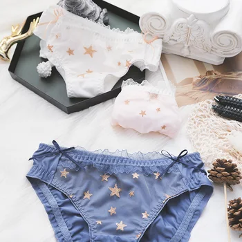 

SP&CITY Japanese Golding Stars Pattern Women Underwear Sexy Mesh Patchwork Sweet Bows Girls Panties Female Briefs Solid Lingerie