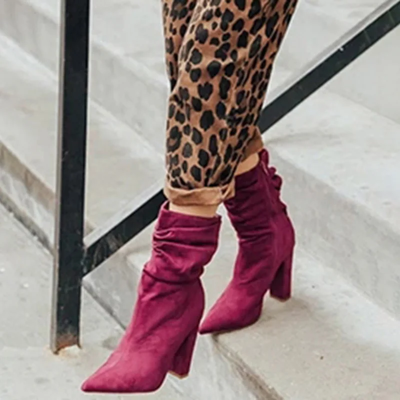 

Women Boots Retro Slip On Pointed Toe Booties Solid Short Boots HighHeel Shoes Women Shoes Autumn botas mujer 2019