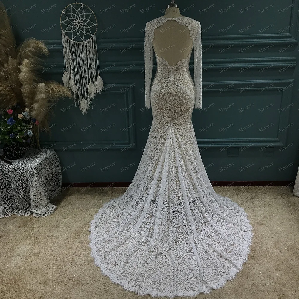 Mryarce 2022 New Stretch Lace Long Sleeves Mermaid Wedding Dress Flexible Boho Bridal Gowns 3