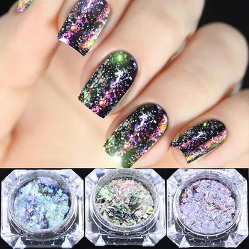 

Nail Art Laser Pigment Glitter Powder 3D Flakes Chameleon Mirror Effect Sequins Broken Flakes Nail Art Decor Shining Send Brush