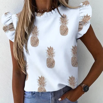 

2020 summer ladies pineapple floral print ruffled blouse butterfly sleeve shirt elegant office ladies O-neck top streetwear t-sh