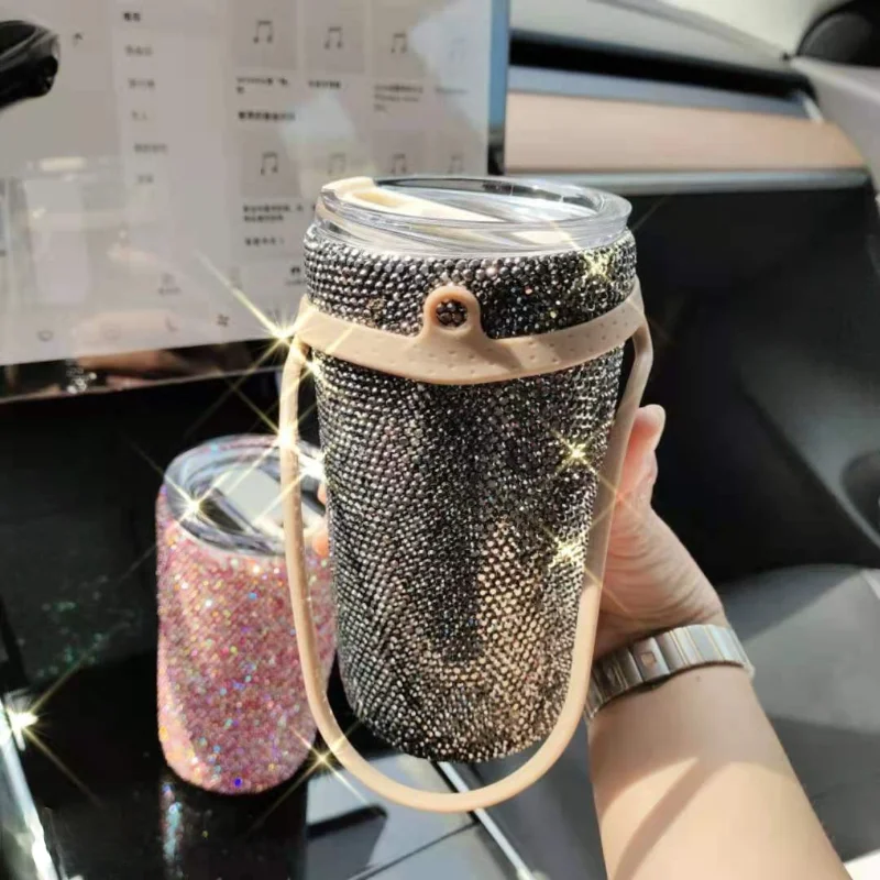 

550ml shiny diamond-studded vacuum flask double-layer stainless steel mug with rope car portable cute tumbler coffee cup flask