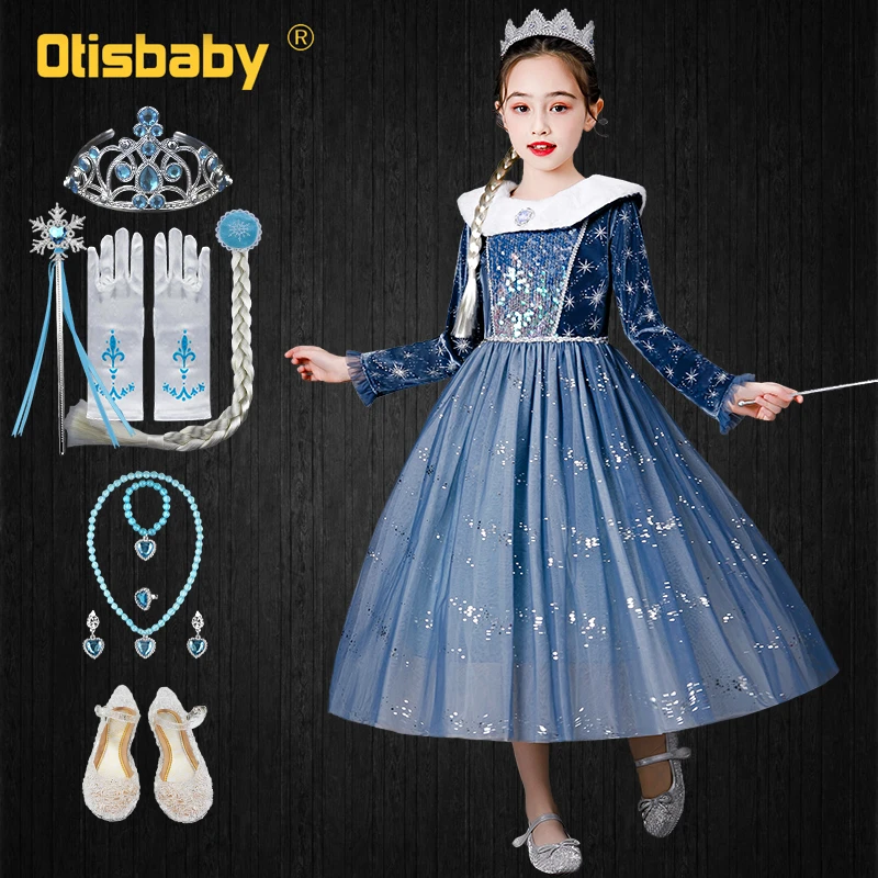 2022 Christmas Fantasia 2022 New Fantasia Fancy Girl Snow Queen Elsa 2 Dress Kids Velvet Shining  Sequin Christmas Child Birthday Party Snowflake Dress| | - Aliexpress