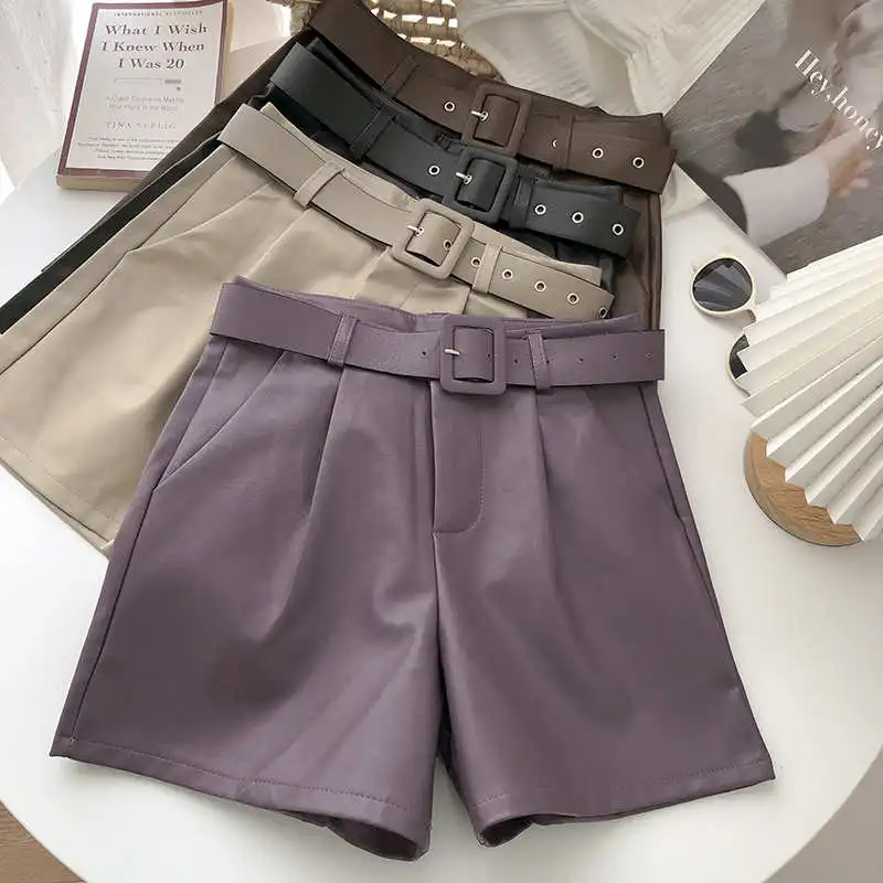 Autumn Winter Korean Wide-Leg Faux Leather Shorts Women With Belt Casual Female Bike Shorts PU Leather High Waist Shorts C7875 nike pro shorts