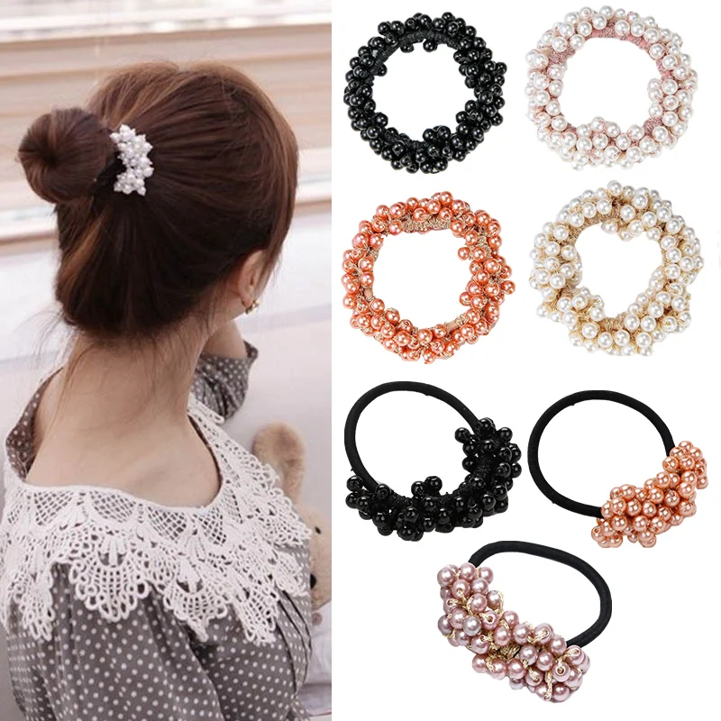 

M MISM 1pc Girls Scrunchie Hair Accessories Rhinestone Imitation Pearls Elastic Rubber Band Ties Ponytail Holder Gum For Hair