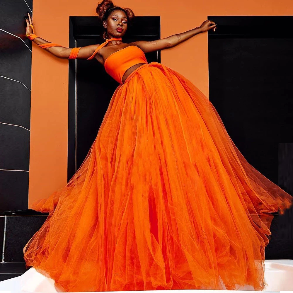 

High Fashion Orange Tulle Skirt for Women Long Floor Length Extra Puffy Prom Skirts for Girl Party Night Gown Custom Made
