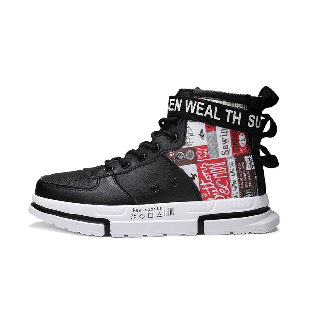 VESONAL, весенние хип-хоп кроссовки с высоким берцем и принтом, легкие кожаные мужские кроссовки, Повседневная дышащая Мужская Уличная обувь в стиле рок - Цвет: Черный