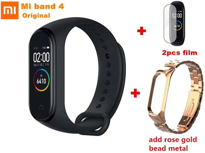 add rose gold bead Xiaomi Mi смарт-браслет 4, Bluetooth 5,0, спортивный фитнес-браслет, музыкальный контроль, пульс, 5 АТМ, водонепроницаемый, с металлическим ремешком - Цвет: add rose gold bead