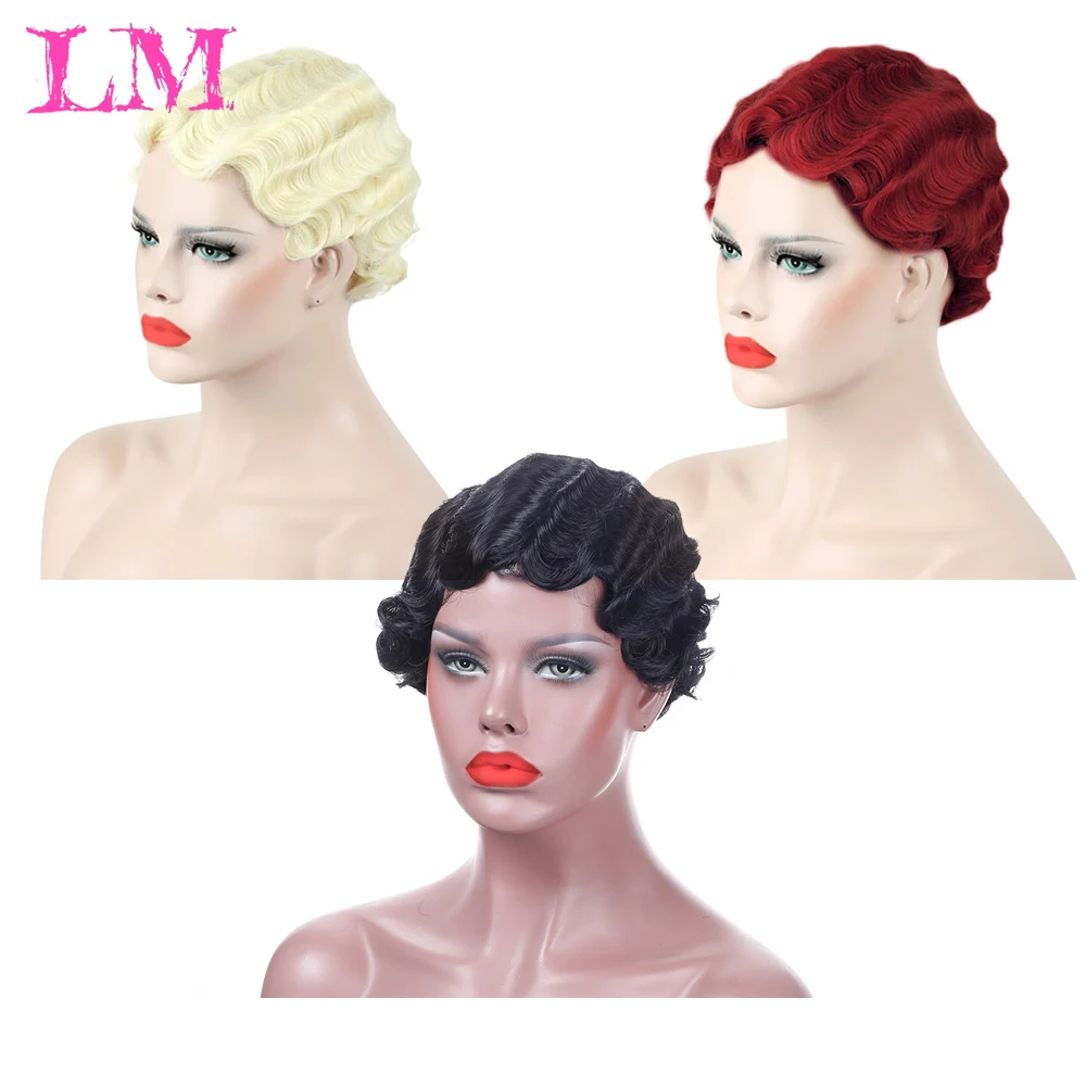 

LiangMo Afro Blonde Pink Red Short Finger Wave Wig High Temperature Fiber Synthetic Cosplay Pixie Retro Curly Wig For Bla