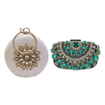 

Crystal Evening Wallet Metal Bracelet Silver Beaded & Round Evening Clutch Diamond Sunflower Chain Clutch White