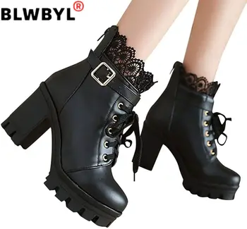 

2020 Women Boots Fashion Women's Thick High Heel Lace Up Ankle Boots Platform Lace Student Shoes Outdoor Comfortable Ladies Boot