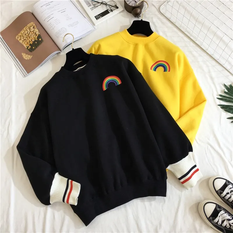 

Korea Plus Size Casual Long Sleeve Loose Rainbow Sweatshirt Character Female Sweet Cartoon Sweatshirt Pullovers