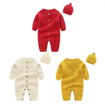 

Newborn Infant Baby Boys Girls Knitted Button Sweaters Romper Bodysuit Jumpsuit Outfits Hat Winter Autumn Clothes Set 2Pcs 0-18M