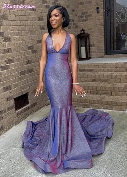 

Purple Sequin Fabric Prom Dress Court Train Mermaid Sexy Deep V-neck Sleeveless Evening Dress فساتين السهرة вечерние платья