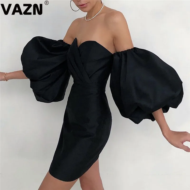 VAZN популярное сексуальное Клубное необычное модное однотонное платье без бретелек с коротким пышным рукавом и открытой спиной для девушек с высокой талией тонкое мини-платье