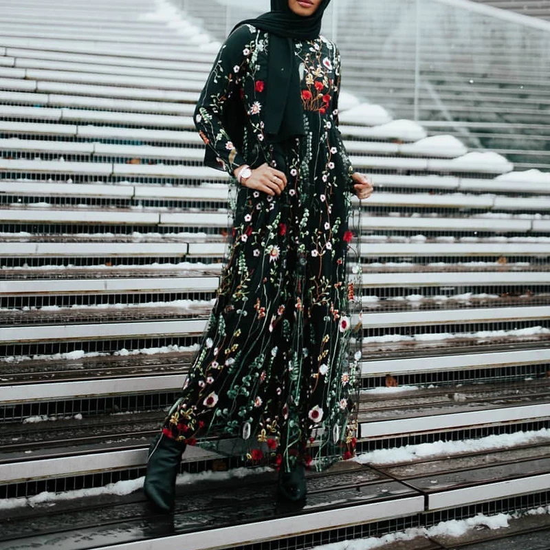 Black dress Цветочные Абая Дубай турецкое мусульманское платье Абая для женщин вечернее хиджаб платье кафтан халат ислам одежда Tesettur Elbise - Цвет: Black dress