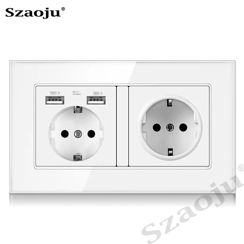 

Szaoju wall socket 146*86 mm German standard 16A crystal tempered glass panel socket power socket with USB charging AC110-250V