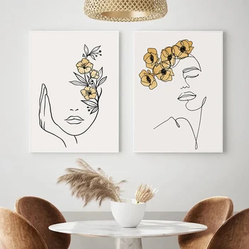 

Abstract Women Line Drawing Nordic Poster and Print Canvas Painting Wall Art Mustard Yellow Girl Wall Picture Bedroom Home Decor
