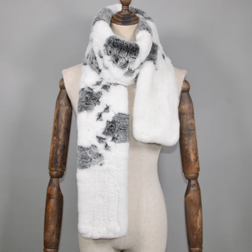 white gray Winter Long Style Women Real Rex Rabbit Fur Scarf Rex Rabbit Fur Warm Soft Ring Scarfs High Quality Knit Rabbit Fur Scarves - Цвет: white gray