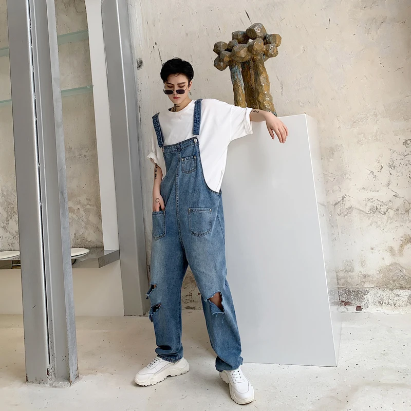 2021 Men Leisure Casual Jeans Pants Male Harem Cargo Blue Color Ripped Hole Jumpsuit Rompers Loose Fashion Trousers Size M