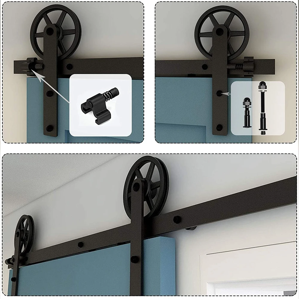 HACCER 4-12FT Sliding Barn Door Rails & Floor Guide Black Big Spoke Wheels Hanger System Double Door Hardware Kits