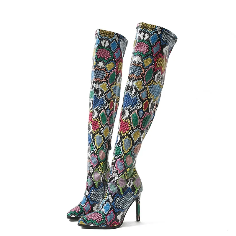 Fashion Ultra high heels Women's Over the knee Boots Colorful Snake grain Pointed toe Thigh boots Autumn Winter Warm | Обувь