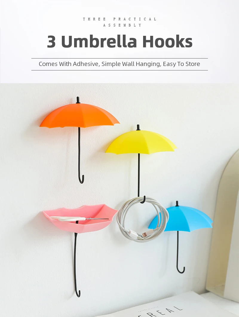 Self Adhesive 3pc/set Key Holder Lovely Cute Multi Color Umbrella Shape Hook O3 